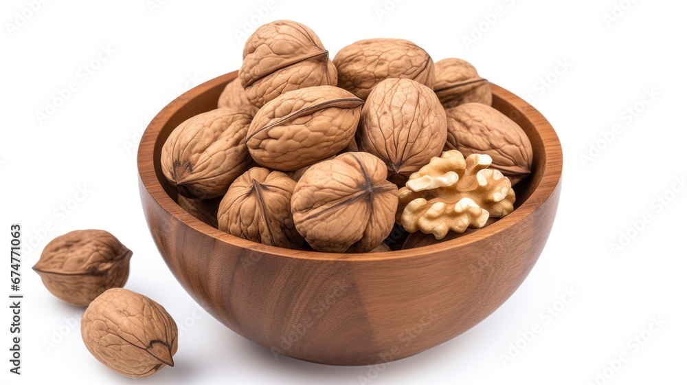 A wooden bowl filled with walnuts and nuts A wooden bowl filled with walnuts and nuts