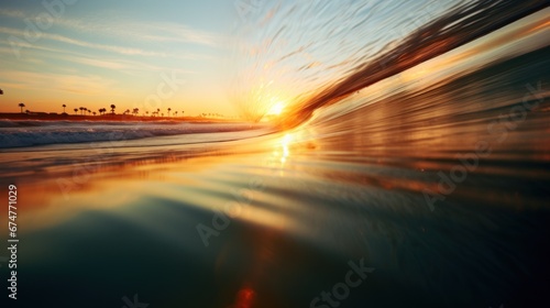 A person riding a surfboard on a wave at sunset