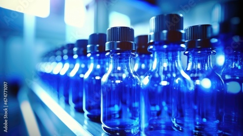 Bottle with medicine, vaccine. Pharmaceutical industry for the production of health preparations. Production of drugs on a global scale in factories.