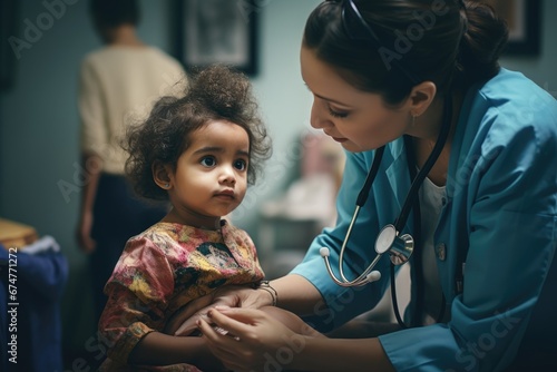 A male and female doctor are examining a young child. A paediatrician at work. Caring for the health of children and people. Medical background, the concept of painless treatment. photo
