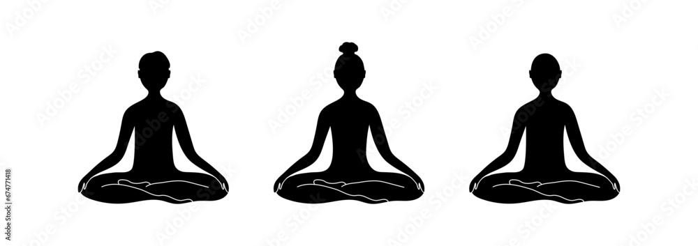 Set of 3 yoga icons with people's silhouettes sitting in lotus poses. Meditating symbol isolated on white background. Vector illustration for logo - obrazy, fototapety, plakaty 