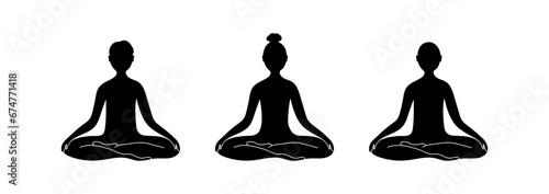 Set of 3 yoga icons with people's silhouettes sitting in lotus poses. Meditating symbol isolated on white background. Vector illustration for logo