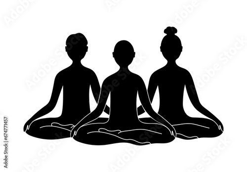 3 people meditating together. Black silhouettes sitting in lotus pose on white background. Vector illustration for logo