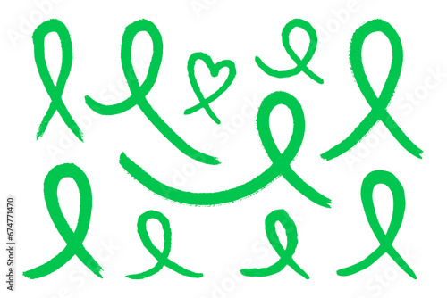 Set of Green Awareness ribbons. Awareness for Glaucoma, Organ Donation, Liver Cancer, Scoliosis, lymphoma, Gallbladder and bile duct, and mental health. Vector flat illustration