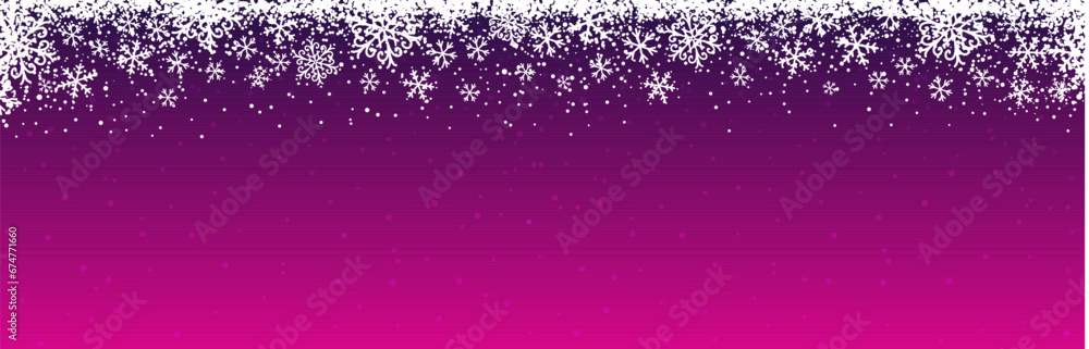Purple christmas banner with white snowflakes. Merry Christmas and Happy New Year greeting banner. Horizontal new year background, headers, posters, cards, website. Vector illustration Purple christmas banner with white snowflakes. Merry Christmas and Happy New Year greeting banner. Horizontal new year background, headers, posters, cards, website. Vector illustration