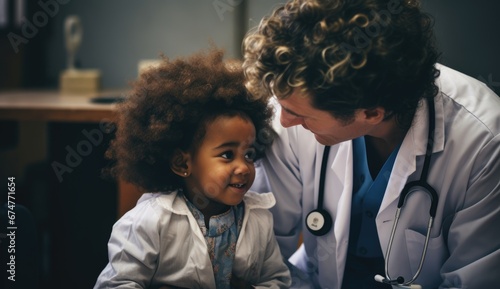 A male and female doctor are examining a young child. A paediatrician at work. Caring for the health of children and people. Medical background, the concept of painless treatment. photo