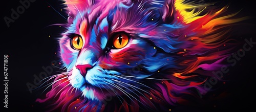 Abstract 3d colorful hologram cat animal drawing in dark background. AI generated