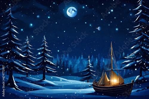 art illustration sailing boat under galaxy night sky dreamy scenery,Starry night ,full moon ,winter forest , Christmas trees ,wooden cabin with light in windows, ,pine trees covered by snow ,winter Ch