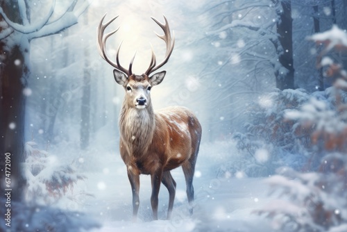Majestic male deer in snowy forest. Winter nature scene, Noble deer male in winter snow forest. Artistic winter christmas landscape., AI Generated