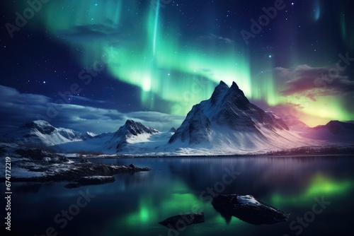 Aurora borealis in the night sky over the mountain lake, Northern Lights Above Mountains, AI Generated