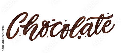 Chocolate text isolated on white background. Chocolate hand drawn lettering. Cream splashes. Vector design element for advertising, packaging, poster, menu.