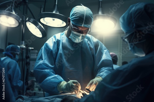Doctors in a protective mask and gloves stands in the operating room. Doctor is performing a complex operation with nurses. Medical background for advertising medical centres, services.Health concept.