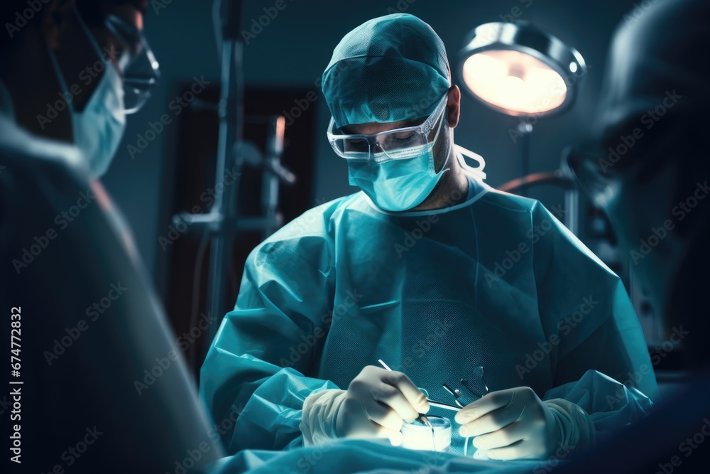 Doctors in a protective mask and gloves stands in the operating room. Doctor is performing a complex operation with nurses. Medical background for advertising medical centres, services.Health concept. Doctors in a protective mask and gloves stands in the operating room. Doctor is performing a complex operation with nurses. Medical background for advertising medical centres, services.Health concept.