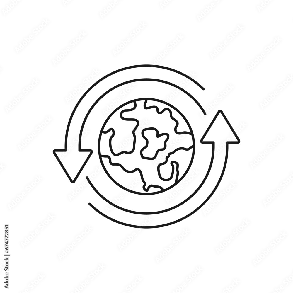Globe in circular arrow. World spins. Worldwide icon line style isolated on white background. Vector illustration Globe in circular arrow. World spins. Worldwide icon line style isolated on white background. Vector illustration