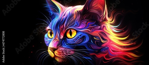 Abstract 3d colorful hologram cat animal drawing in dark background. AI generated