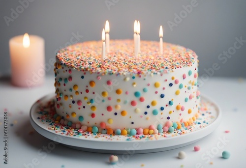 Birthday cake covered in sprinkles on a white table minimalism style with glowing bokeh