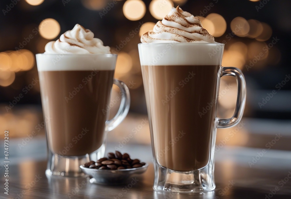 Coffee mocha latte in a tall glass with thick milk foam and cafe background Coffee mocha latte in a tall glass with thick milk foam and cafe background