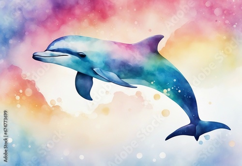 Rainbow dolphin on white background watercolor illustration