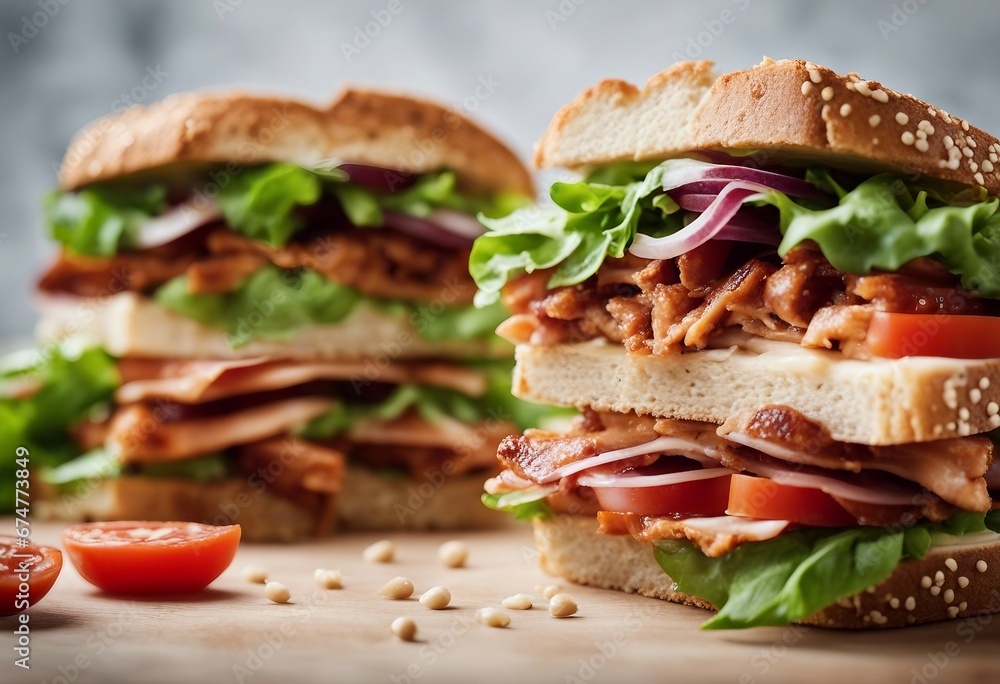 Turkey BLT sandwiches stacked on white background Turkey BLT sandwiches stacked on white background