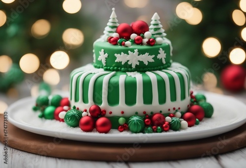 Three tiered Christmas cake highly detailed decorated with green and white fondant