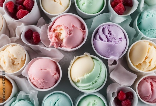 Variety of ice cream flavors in cups overhead on white