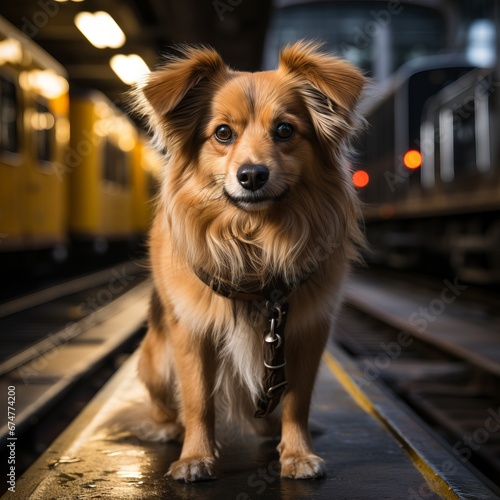 A border collie sits on the rails, with the station in the background. An animal waiting for its owner unattended, a danger to the dog