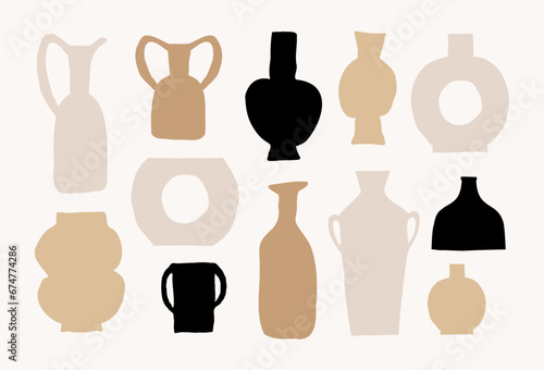 Vector hand-drawn trendy clay pots  vases  jugs  jars collection.  Neutral colors ceramics design elements  pottery logo illustrations. 