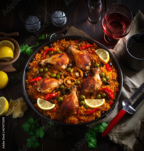 Chicken paella on dark table, flat lay