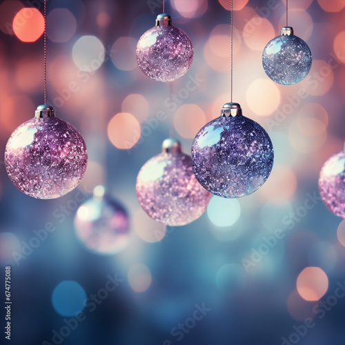Blue and Pink Sparkle Glittery Baubles Hanging on Tthe Blurry Bokeh Christmas Backround photo