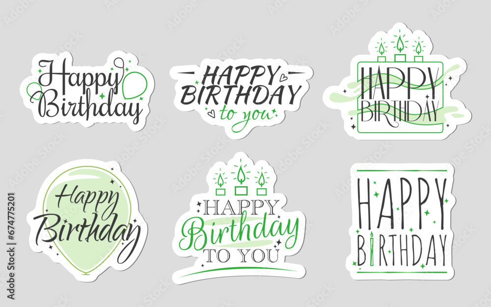 Set of Happy Birthday green stickers with signs - obrazy, fototapety, plakaty 