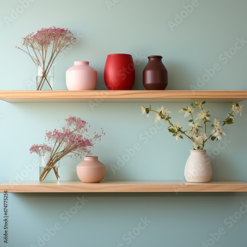 Chic Floating Shelves with Pastel Vases and Dried Flowers