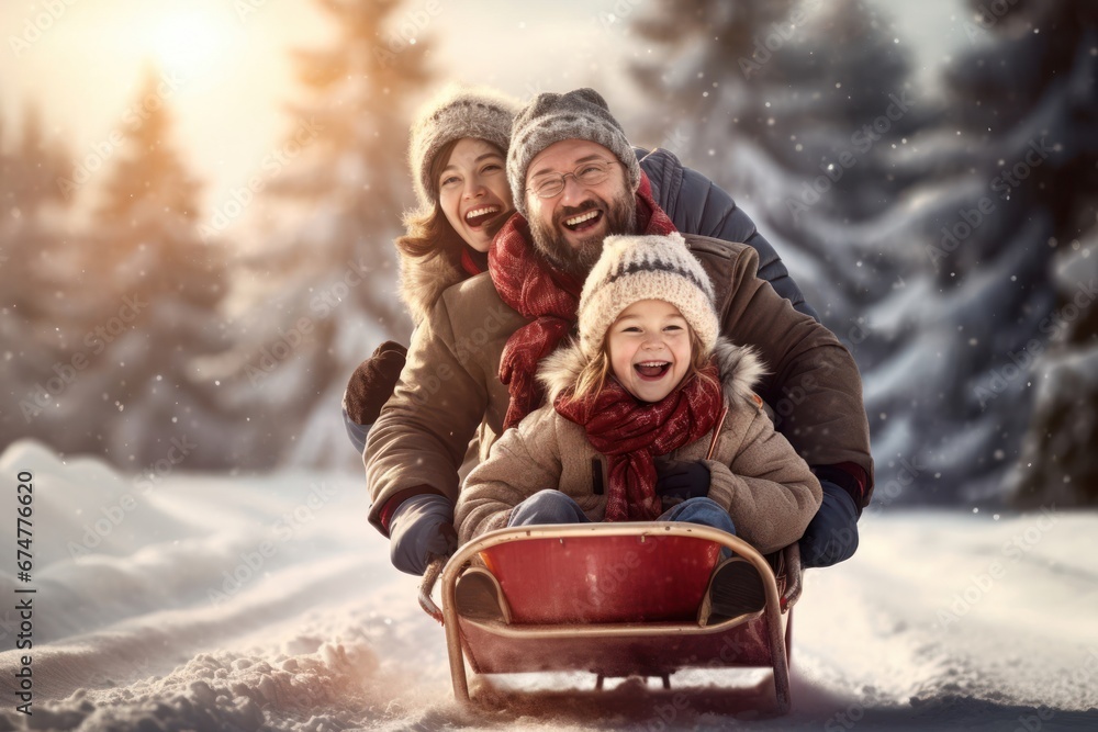 Caucasian Family Snow Sliding In Snow Having Fun Backdrop Generative AI Caucasian Family Snow Sliding In Snow Having Fun Backdrop Generative AI