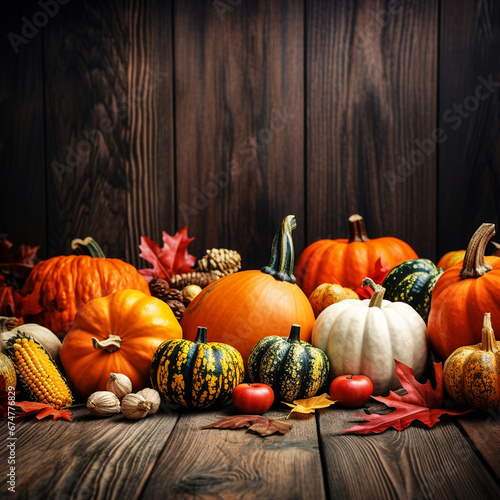 Autumn background frame of fall harvest on aged wood with copy space