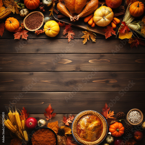 Autumn background frame of fall harvest on aged wood with copy space