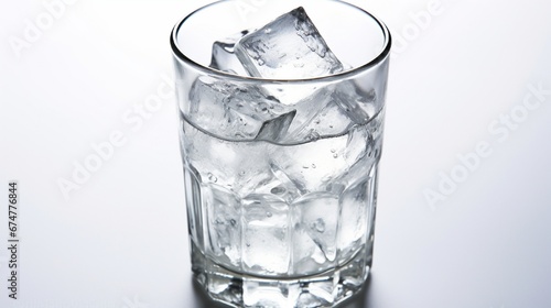Water with ice cubes in glass Isolated on white, copy space