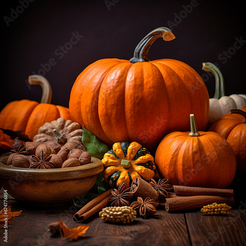 Autumn background frame of fall harvest on aged wood with copy space