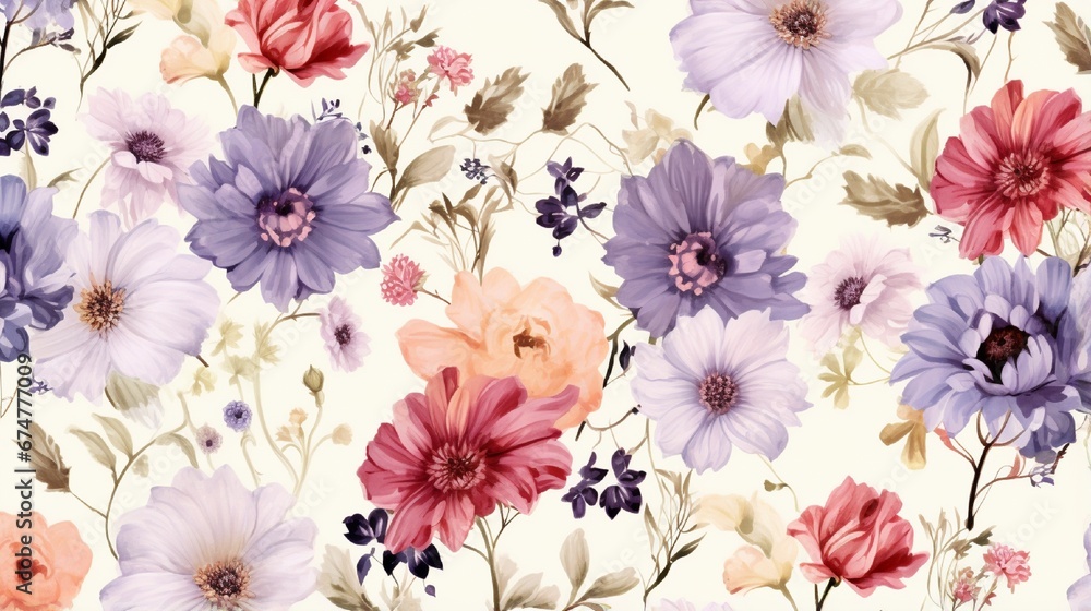 watercolor flowers seamless pattern, vintage English wallpapers