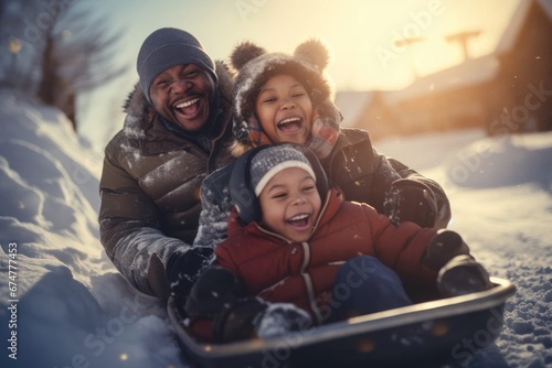 Black Family Sledding On White Snow Having Fun Background Generative AI