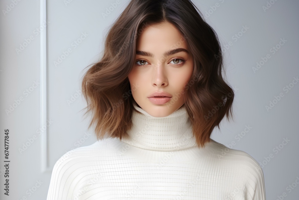 Stylish woman in a turtleneck sweater, on a minimalistic simple bright background. generative AI Stylish woman in a turtleneck sweater, on a minimalistic simple bright background. generative AI