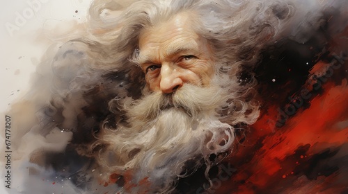  a painting of an old man with long white hair and a beard with a red and black swirl around his face.  generative ai