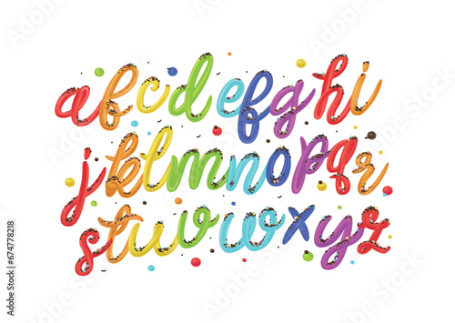 The Rainbow Font. Creative 3d Alphabet for Logo Design. Vector Typography. Full color handwriting paint brush lettering latin alphabet letters.