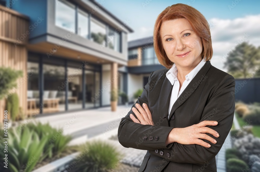 Portrait of a Cheerful business Woman posing, AI generated image Portrait of a Cheerful business Woman posing, AI generated image