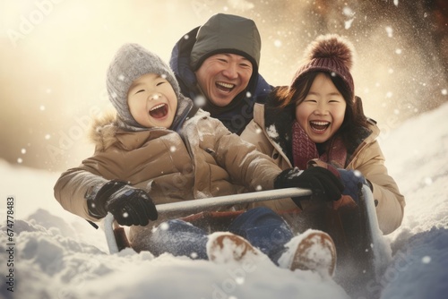 Asian Family Sledding In Snow At Christmas Background Generative AI © Johnathan