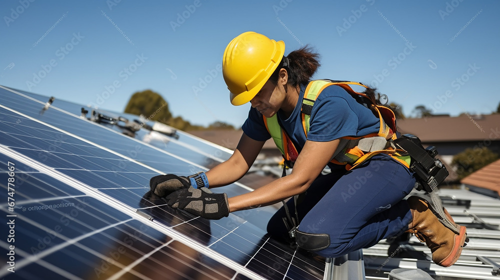 Solar panel installer working on the roof Solar panel installer working on the roof