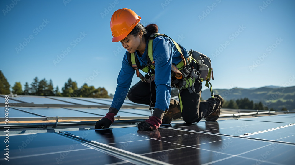 Technician working on a roof installing solar panels Technician working on a roof installing solar panels
