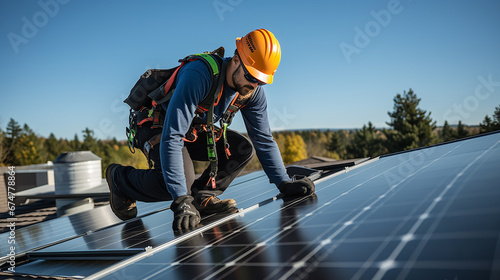 Technician working on a roof installing solar panels
