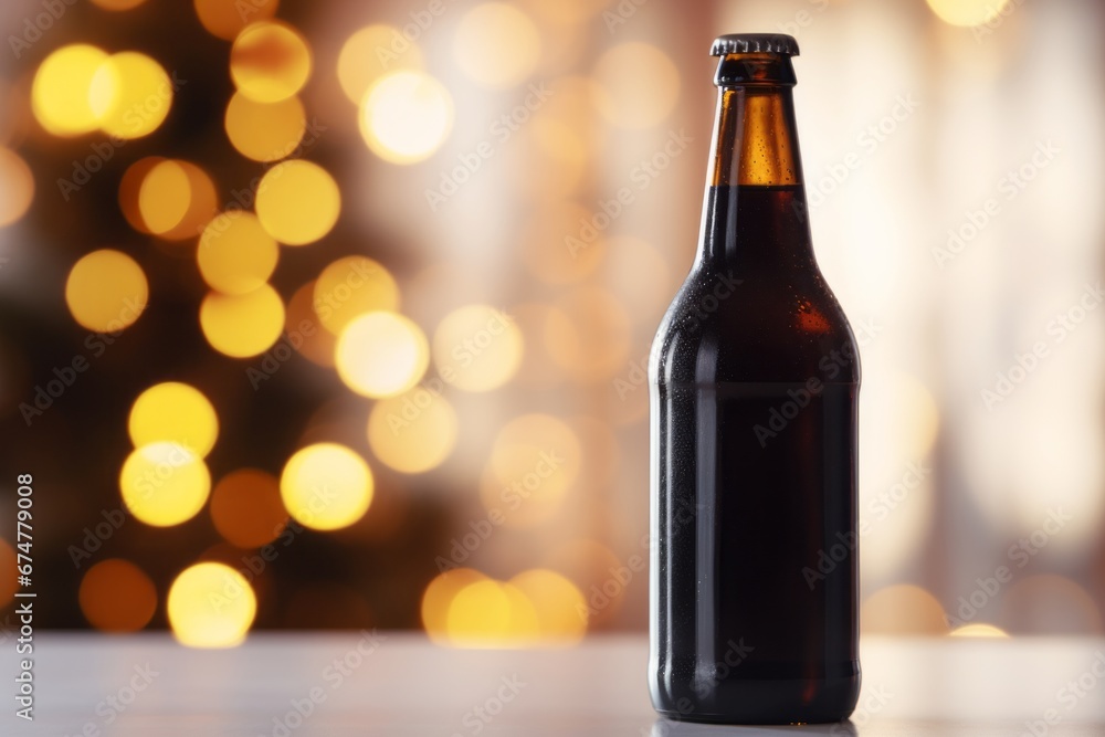 Simple blank bottle of dark beer with Christmas background with blurry bright lights Simple blank bottle of dark beer with Christmas background with blurry bright lights