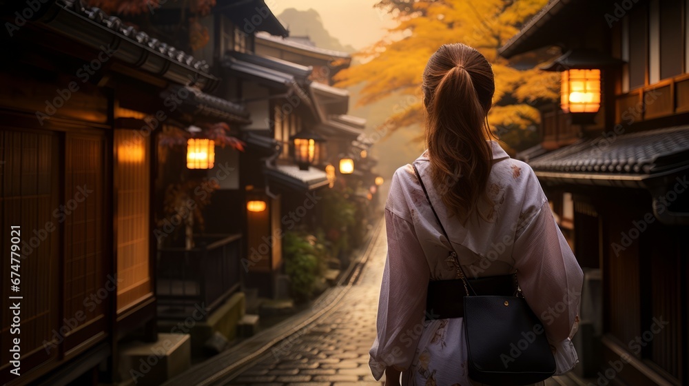 adult female woman traveller walking on a old stone street local old town cheerful happiness peaceful freshness moment while spending a quality time travel in old town asian