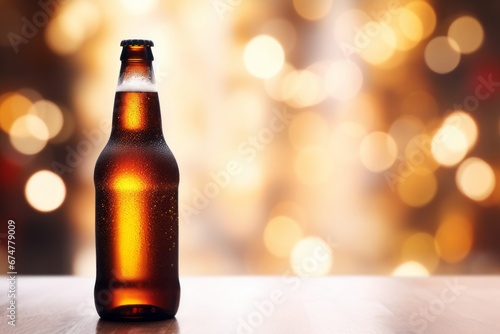 Simple blank bottle of light beer with Christmas background with blurry bright lights