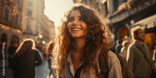 Caucasian traveler woman in european city with a map Young a young female tourist reading a map on the street in old town europe © VERTEX SPACE